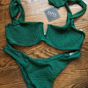 ZAFUL Deep Green Smocked Bikini Set: Size M